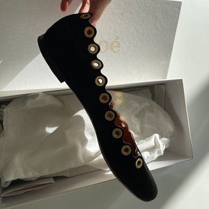 Chloe Scallop Black Ballet Shoes with Gold Embellishment